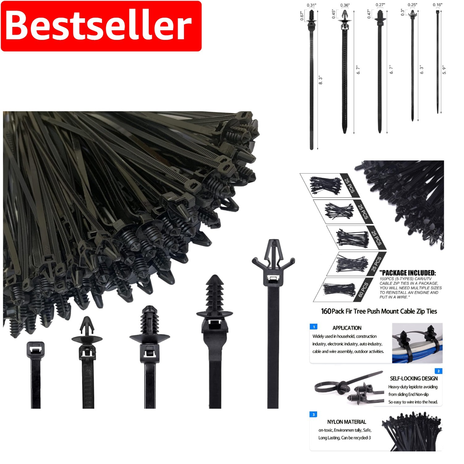 160Pcs Heavy-Duty Nylon Cable Ties - Self-Locking for Secure Fastening in Any Project