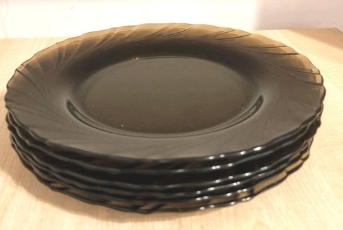 Vintage Vereco France Smoked Glass Plates – Set of 6, Swirl Rim, Retro French - Picture 1 of 15