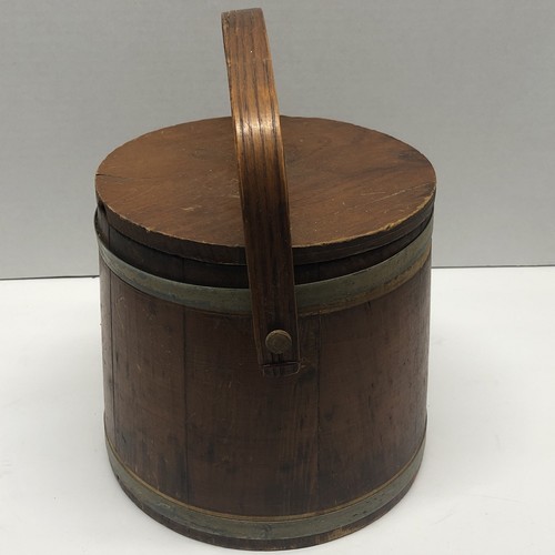 Vintage Banded Firkin Sugar Bucket Farm Pail 7.5" tall x 8" Diameter Base - Picture 2 of 10