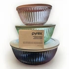 Pyrex Colors Tinted 6pc Ribbed Glass Nesting Mixing Bowls with Matching Lids NEW