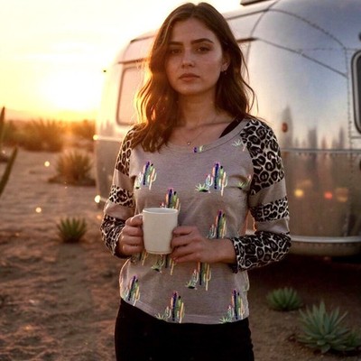 FASHION EXPRESS TOP/SHIRT (L)Cactus3/4Sleeve Taupe W/Cheetah SLVsNEW W/TAG 17.99