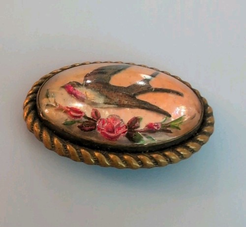 Antique 1900 Victorian Mourning Reverse Painting Bubble Glass Brooch Pin - Picture 5 of 6