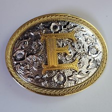 Western Initial E Belt Buckle Gold Silver Two Tone Floral Engraved Oval Cowboy