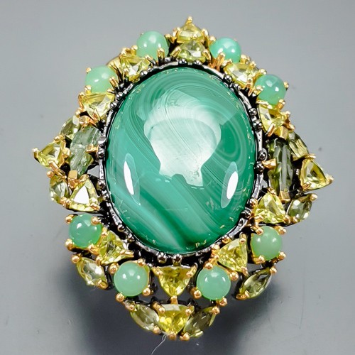 Fine Art 38 ct+ Natural Malachite Ring 925 Sterling Silver Size 5.5 /R411414