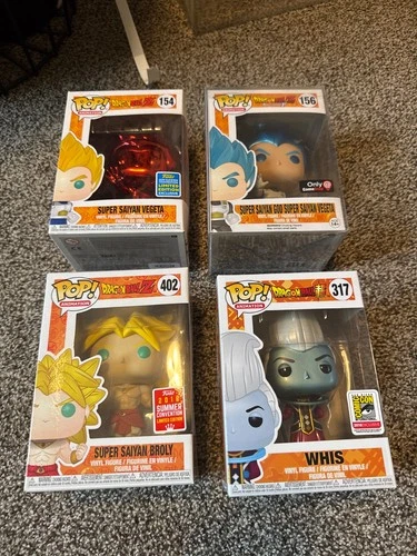 Funko Pop Dragon Ball Z Exclusive Lot – Broly 2018, Whis SDCC, Red Chrome Vegeta