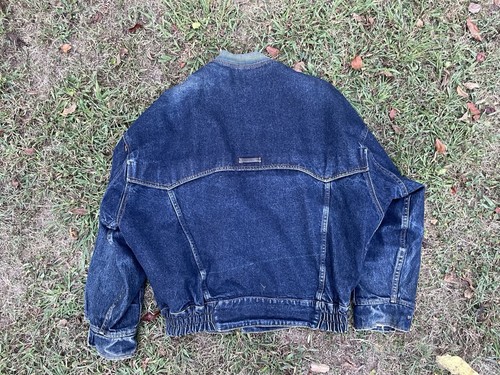 Vintage 90s Oversized Denim Bomber Trucker Jacket USA Made L Quilted Grunge - Picture 12 of 16