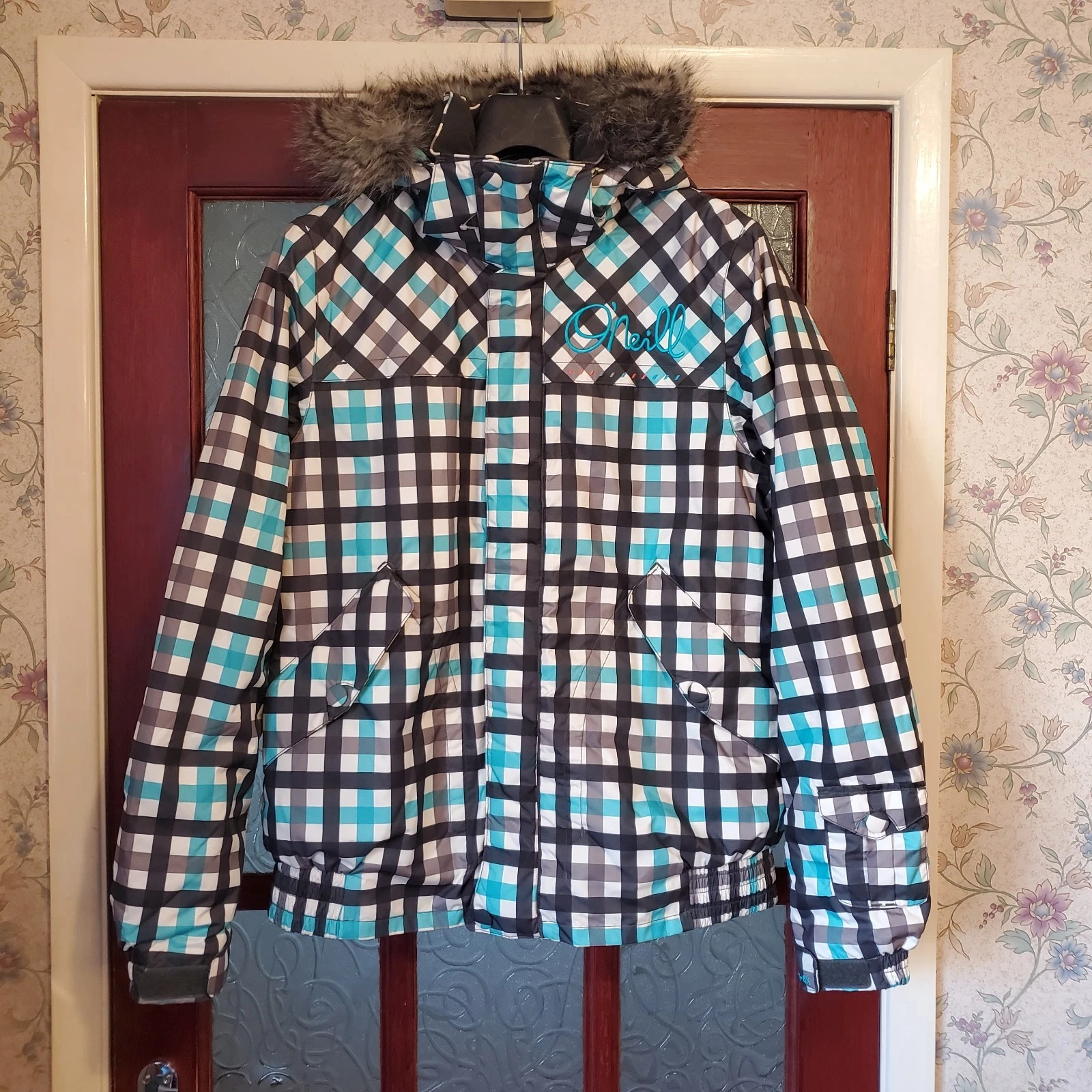 O'Neill Coat Emiko 52 Ski Snow Check Blue Grey White Womens XL New No Tags