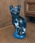 Fenton Teal Blue Stylized Cat with Floral & Butterfly Details - TJ Mendenhall