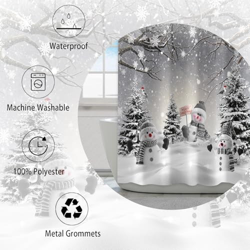 Christmas Snowman Shower Curtain, Winter Snowflake Xmas Pine Tree Redbird - Picture 4 of 7
