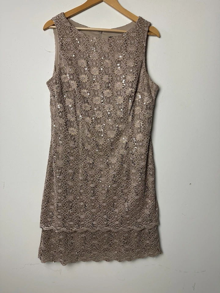 Vtg Y2k 90s Sheath Dress Sequin Beige Crochet Knit Lined Forest Fairy Grunge 16 - Image 2 of 4