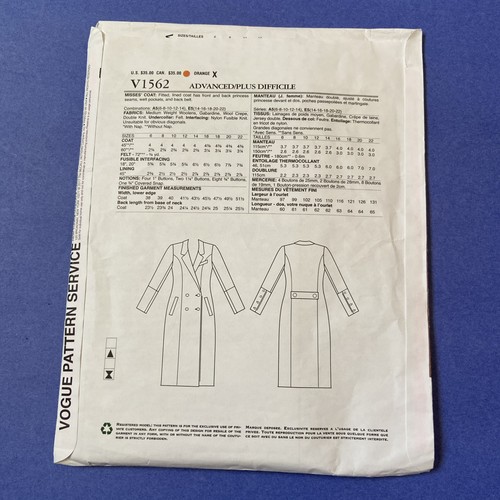 VOGUE Designers PATTERNS Lot 2 LiaLia V1562 COAT Pratt DRESS V1431 sz 6-16 uncut - Picture 9 of 12