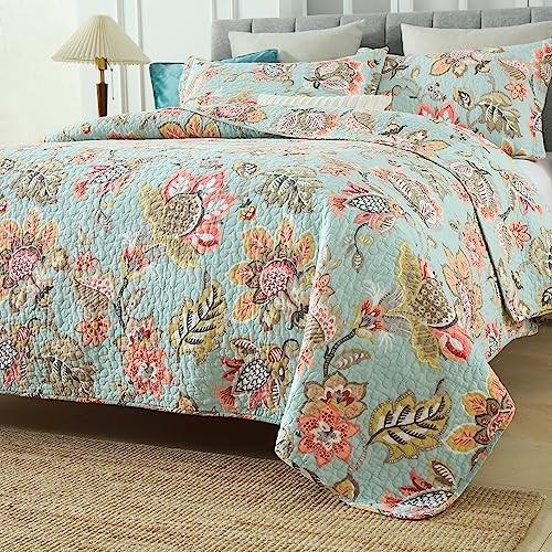 Cotton Bedspread Bedding Coverlet Quilt Sets, Queen Blue Vintage Floral Pattern - Picture 5 of 7