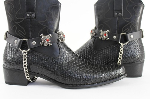 Herren Western Stiefel Armbänder Silber Kette Schwarz Kunstleder Riemen Piraten Totenköpfe - Bild 3 von 23