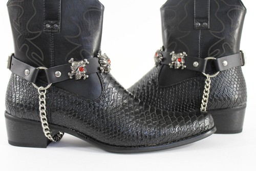 Men Western Boots Bracelets Silver Chain Black Pair Leather Strap Pirates Skulls - Afbeelding 1 van 12