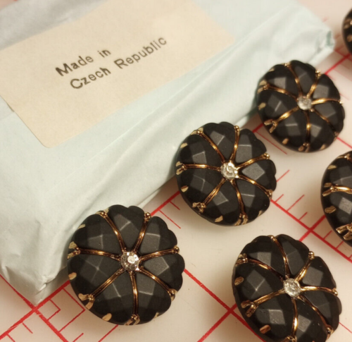 3 Vintage 7 Petal Black Bronze Czech Glass Shank Buttons Rhinestone Center #483 - Picture 2 of 6