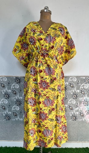 India Yellow Floral Kaftan Summer Bikini Cover Up Maxi Beach Kimonos Dresses US - Picture 3 of 6