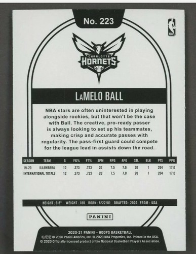 2020-21 Panini NBA Hoops #223 LaMelo Ball Charlotte Hornets RC Rookie - Picture 2 of 2
