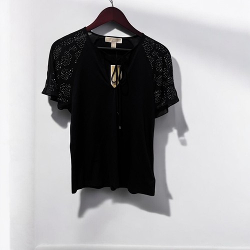 Michael Michael Kors schwarzes Oberteil vorne Schlüsselloch Strass Fledermaus Flügelärmel neu mit Etikett