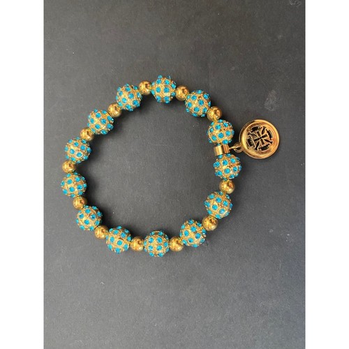 Rustic Cuff Emerson Bracelet Turquoise Encrusted Crystals Beads Gold Logo Charm - Picture 2 of 8