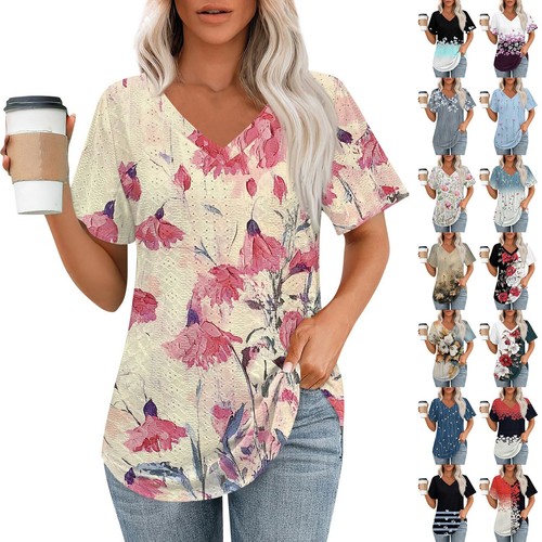 Women V Neck Boho Floral T-Shirt Tops Short Sleeve Casual Loose Basic Blouse uk