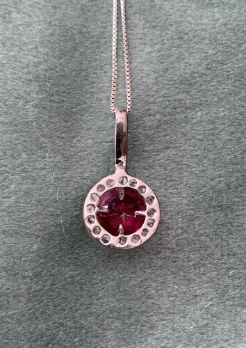 LAB CREATED RUBY TARGET PENDANT AND 18” FINE BOX CHAIN STERLING SILVER NECKLACE - Picture 4 of 5