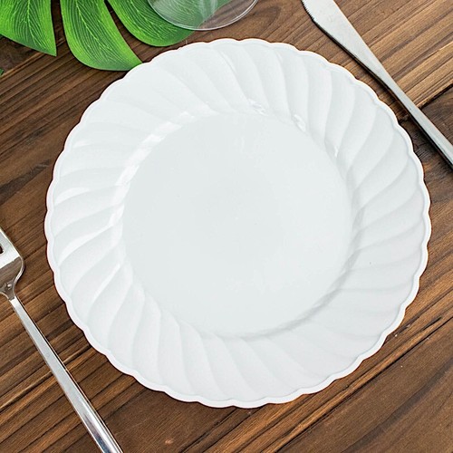 12 White 8" Round Plastic Salad Dinner Plates Swirl Design Rim Party Tableware - Picture 7 of 9