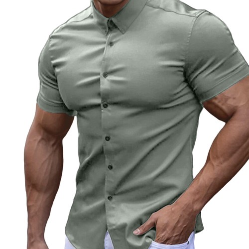 Men Button Down Shirt Casual Business Tops Short Sleeve Slim Fitness Muscle Tee - Picture 27 of 27