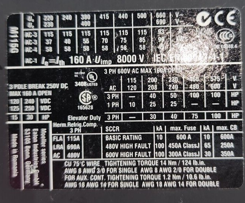 EATON DIL M115 XTCE115G 3 PHASE 50HP/230V 100HP/460V 120 V COIL 160 A CONTACTOR - Picture 4 of 5