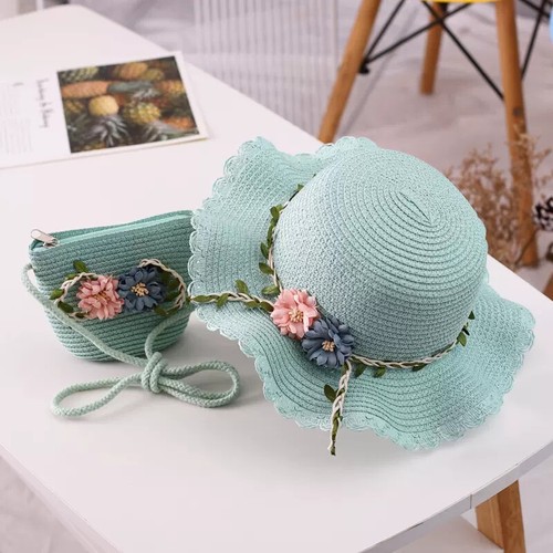 Baby Girls Straw Hat Wide Brim Floppy Sun hat Beach Cap with Shoulder Bag - Picture 2 of 14