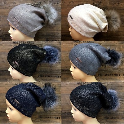Damen Wintermütze Fellbommel Glitzer Mütze Beanie Bommelmütze Skimütze