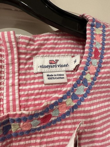 Vineyard Vines Pink White Striped Embroidered Seersucker Dress Girls Size 14 NWT - Picture 2 of 4