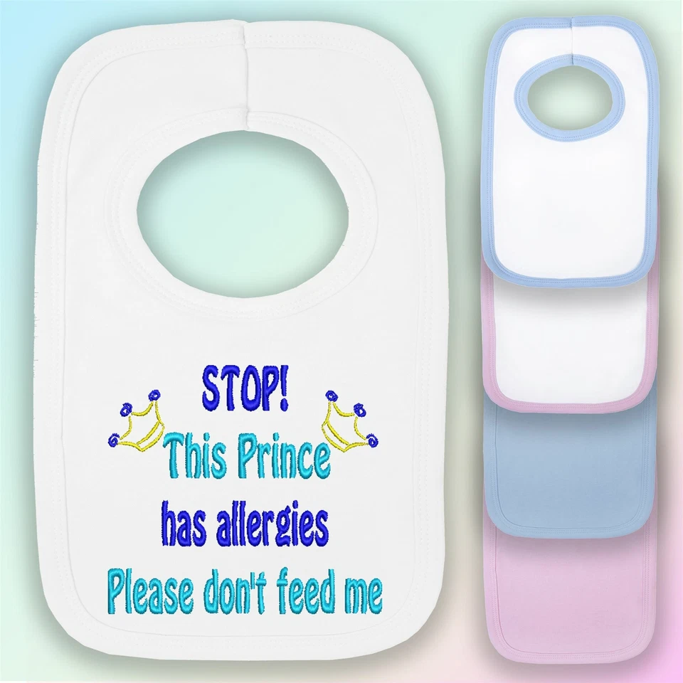 BABYSTITCHING Dieser Prinz hat Allergien bestickt Baby Überzieh-Lätzchen Geschenk Junge Allergie Nahrung