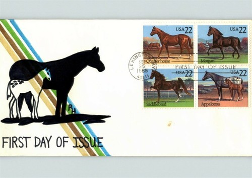 HORSES; Hand Painted 1985 First Day of Issue with 4 different Horse stamps