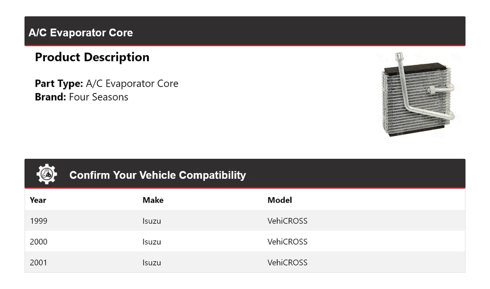 适用于 1999 - 2001 年五十铃 VehiCROSS A/C 蒸发器核心 4 季 2000 — 第 2/4 张图片