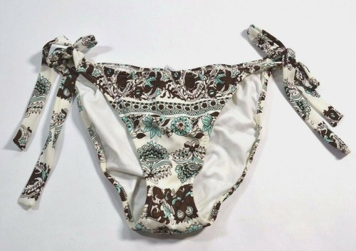 De La Mer PAW TIE SIDE White Mint Brown Floral Swimsuit Junior's Bikini Bottom - Picture 6 of 6