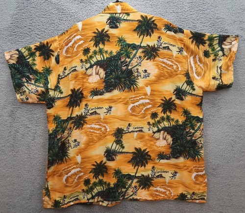 Rina Hawaiian Caribbean Mens Shirt XXL 2XL Yellow Palm Trees Drums - Picture 2 of 6