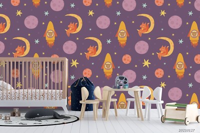 3D Moon Given Rocket Space Pattern Wallpaper Wall Murals Removable Wallpaper