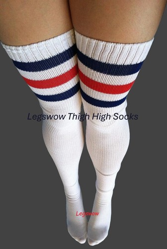 Extra lange Overknee-Socken weiß rot Damen Schulmädchen Cosplay Y2K - Bild 26 von 45