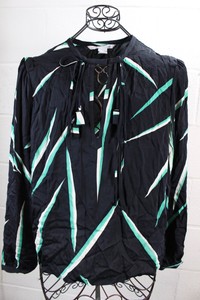 DIANE-VON-FURSTENBERG-Abstract-Art-Stripe-Black-Green-Silk-Blouse-Tunic-Top14-L