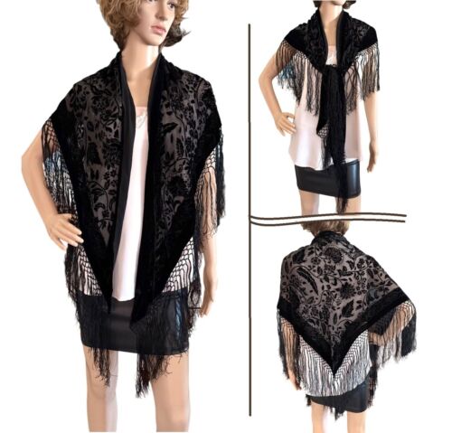 Vintage Black Velvet Sheer Floral Fringe Shawl Wrap Gothic Glam Elegance - Picture 3 of 8