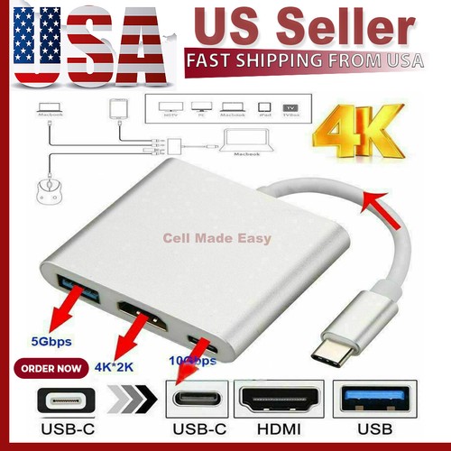 Type C USB 3.1 to USB-C 3.0 4K HDMI Adapter Cable 3 in 1 For Android LG Samsung - Picture 1 of 10