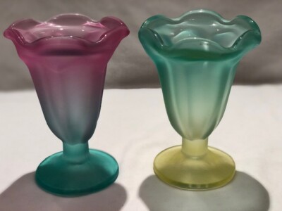 Vintage Libbey Ka-Dinks Frosted Parfait Ice Cream Sundae Footed Glasses Set of 2