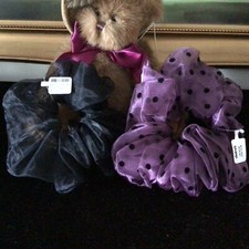 NWT 2 PCS Claire's girls Giant Sheer Hair Scrunchie black and purple polka dots