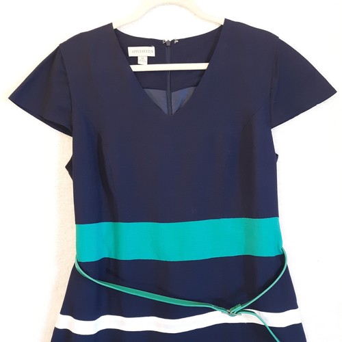 Appleseeds Dress Sz 14 Blue Green Stripes Linen Blend Belted A-Line Midi EUC - Picture 2 of 16
