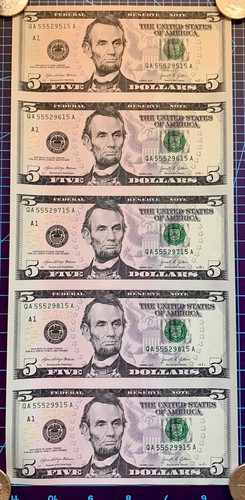 Series 2021 - Uncut Sheet of Five(5) $5 Five Dollar Bills “5555” Serial Numbers