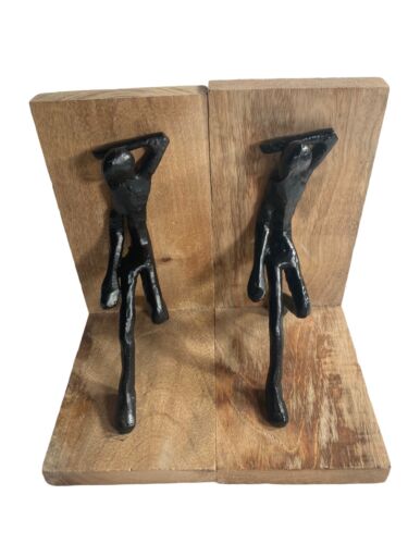 Brutalist Wrought Iron Sculpture Metal Man Hold Push Pose Rustic Wood Bookends - Picture 2 of 7