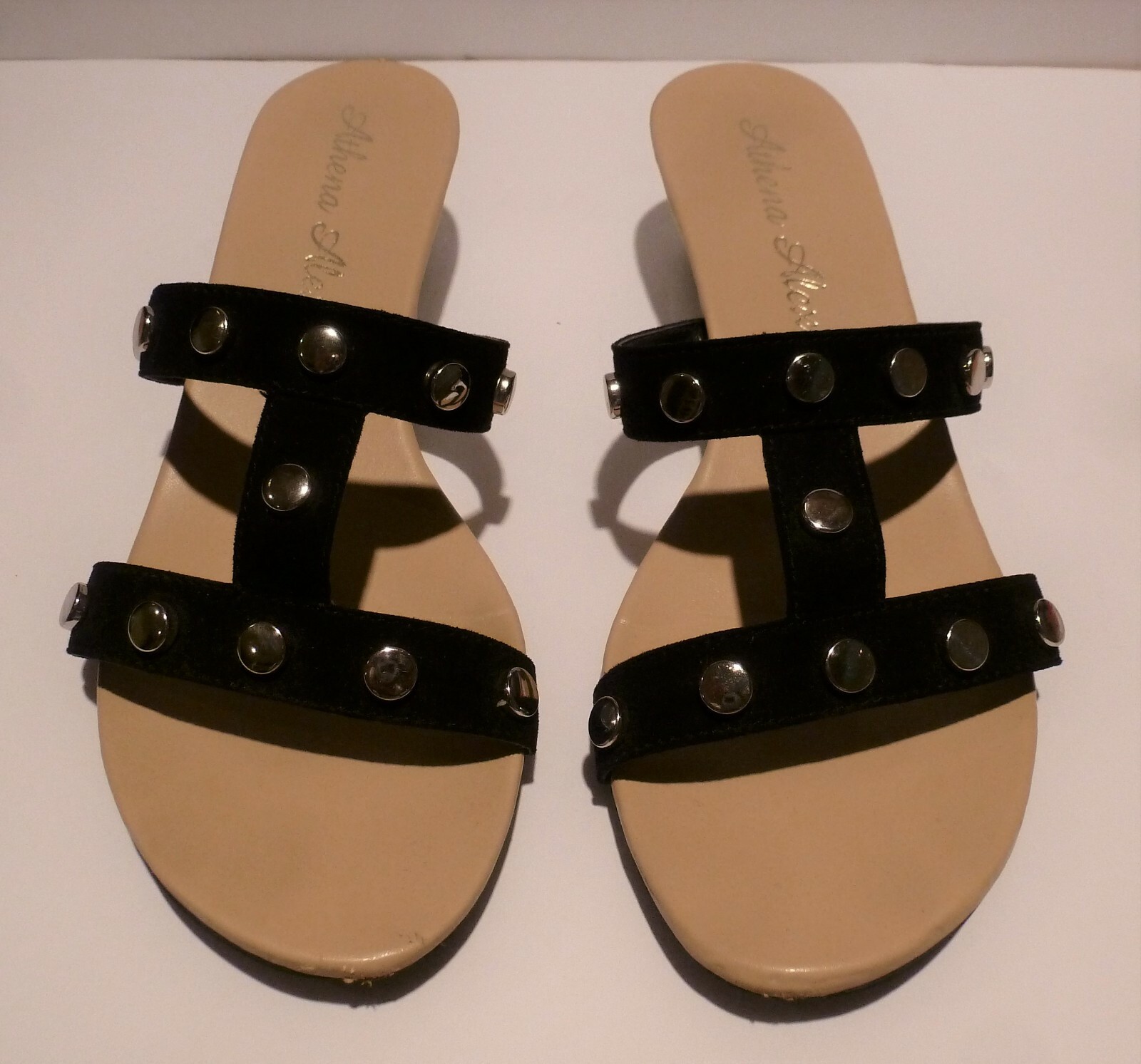 Women's Athena Alexander Black Leather Gladiator Wedge Sandals Size 10