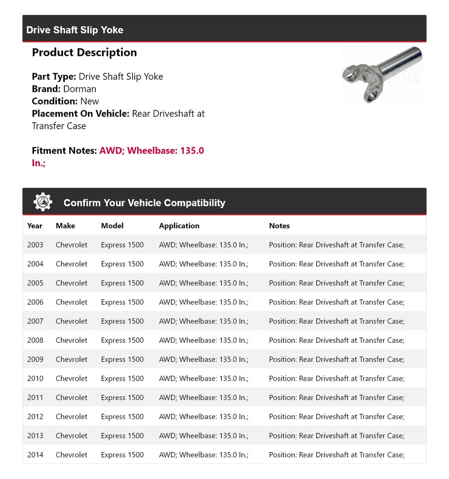 Yugo deslizante de eje de transmisión Dorman 2004 2005 para Chevrolet Express 1500 2003-2014 AWD Foto 2 de 4