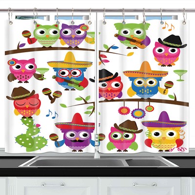 Cute Owl Cartoon Bird Decor Short Kitchen Curtains Window Drapes 55 W X 39 L Ebay