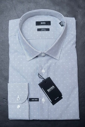 Hugo Boss Men's Jesse Slim Fit Easy Iron Cotton Navy Striped Dress Shirt 43 17 - Picture 1 of 7